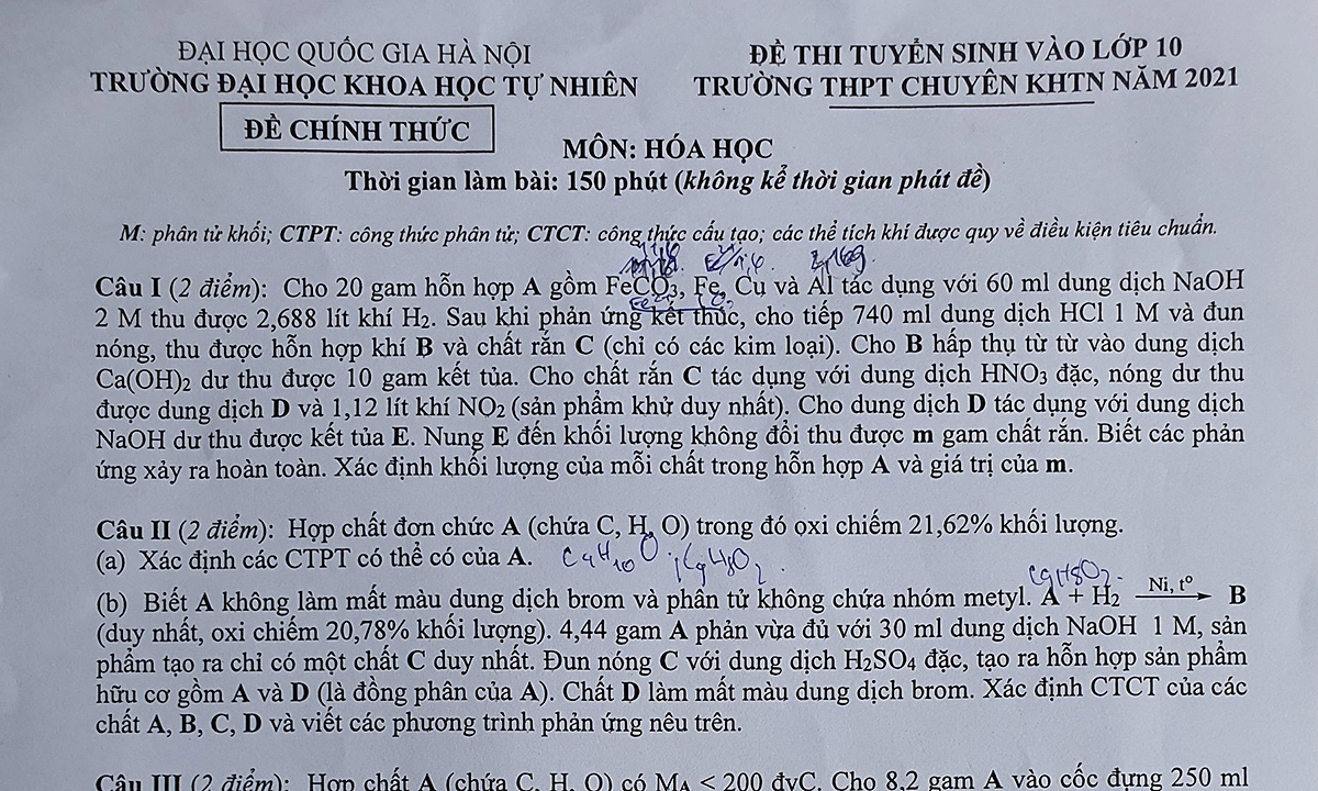 Đề thi Hóa vào trường chuyên Khoa học Tự nhiên