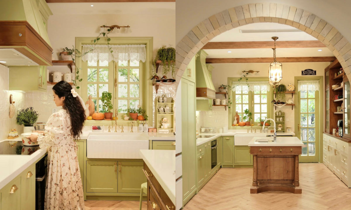 Căn bếp màu xanh bơ mang phong cách đồng quê