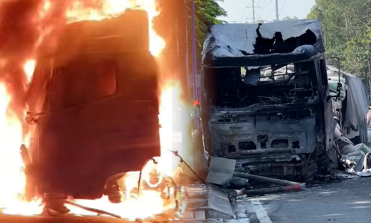 Xe container cháy rụi trên đường vào cảng Cát Lái