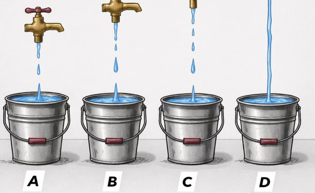 Chỉ người tinh tế đoán đúng: xô nào đầy nước đầu tiên?