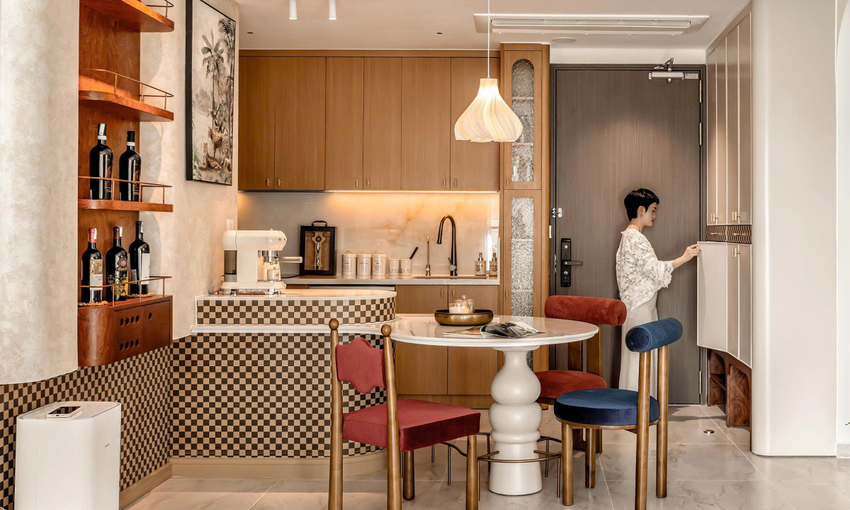 Căn hộ phong cách hoài cổ đương đại dùng họa tiết caro làm điểm nhấn