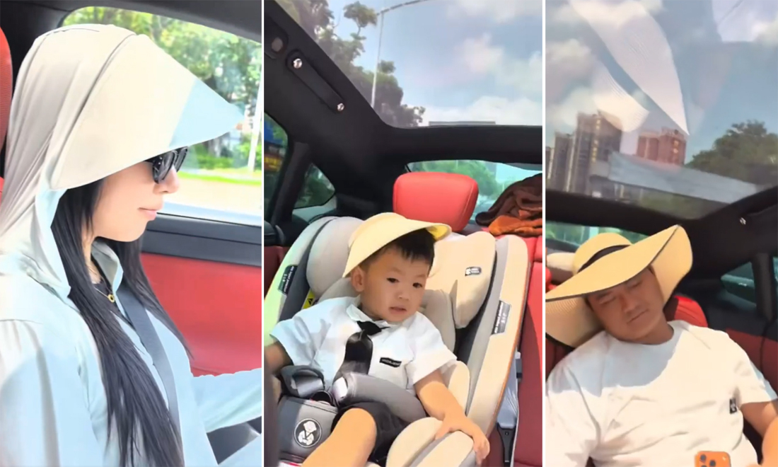 Cả nhà đội mũ khi ngồi trong ôtô có cửa sổ trời toàn cảnh