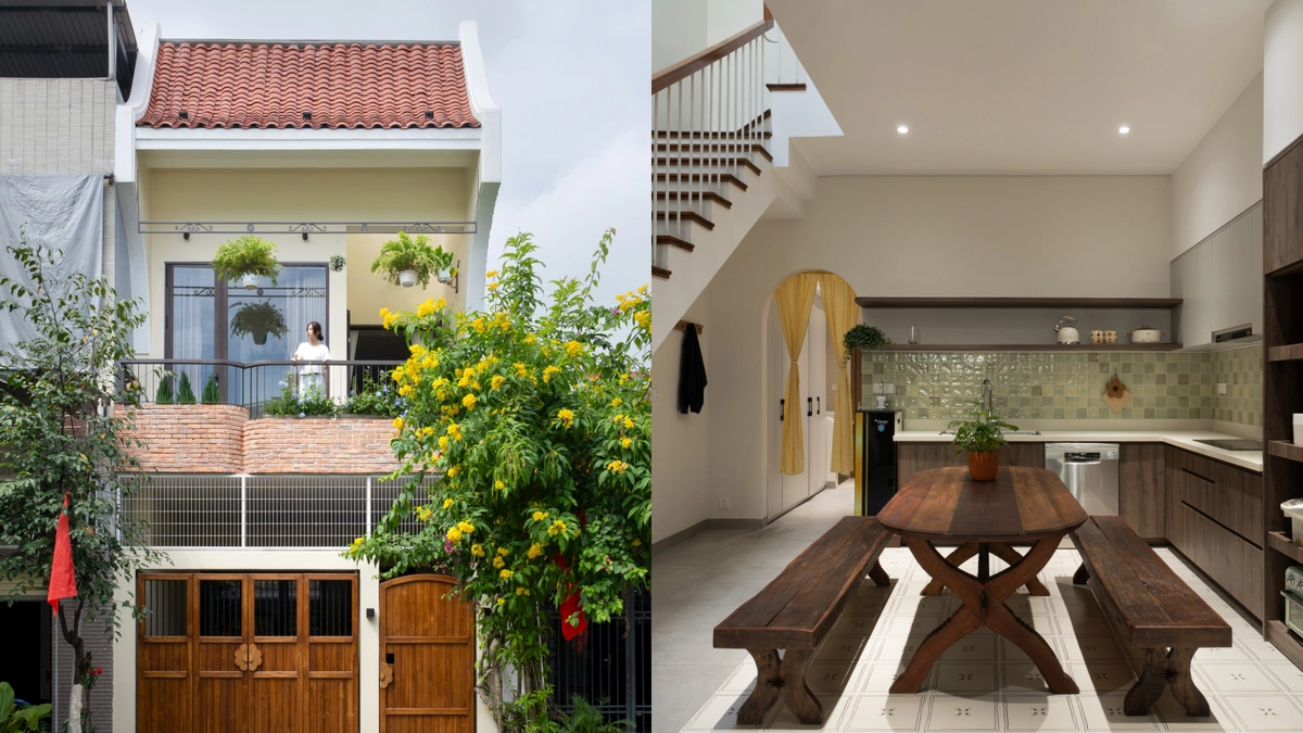 Nhà phố 100 m2 đưa mái ngói cong vào mặt tiền