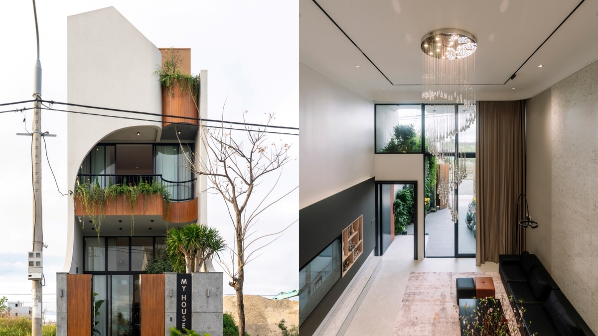 Nhà phố 120 m2 bo cong mặt tiền, phòng khách cao hai tầng
