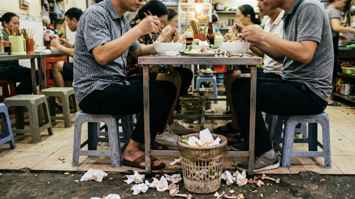 Nhiều khách vứt khăn giấy, xương xẩu xuống sàn quán ăn dù có thùng rác