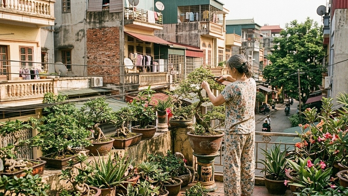 Người hàng xóm xén ngang lá cây đang xanh tốt