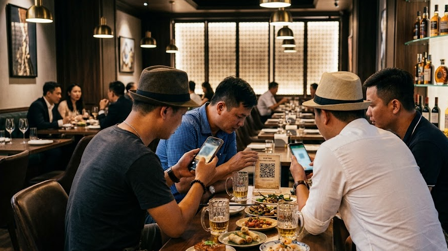 Bốn khách nhậu bỏ đi vì nhà hàng dùng mã QR gọi menu